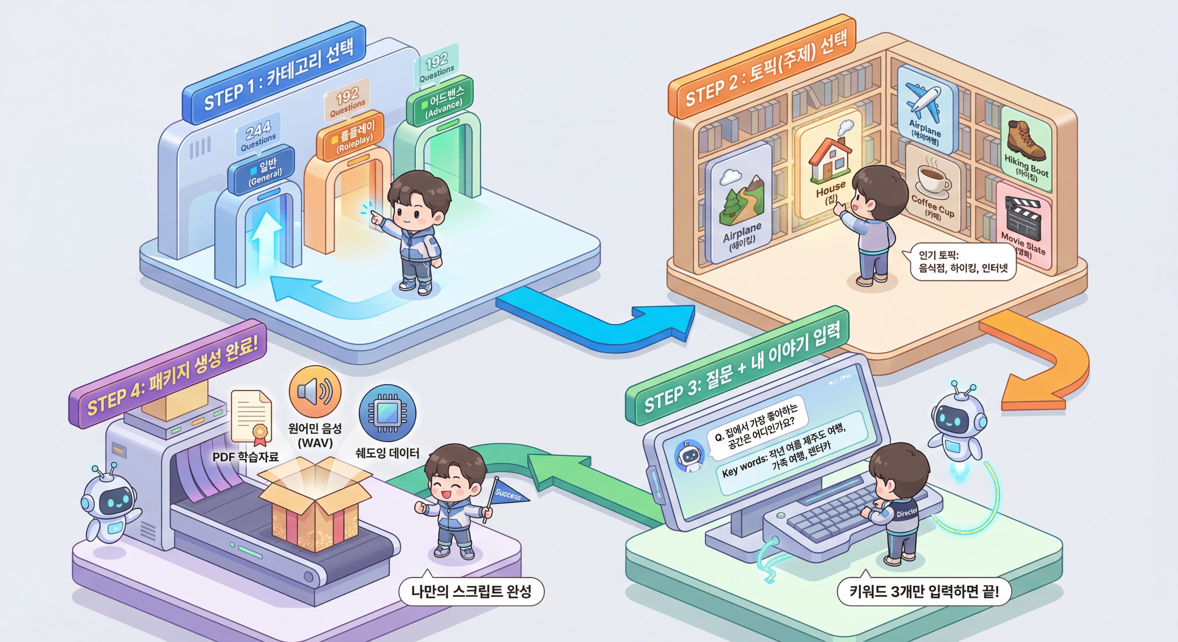AI 트레이닝 프로세스 - 카테고리 선택, 토픽 선택, 질문+내 이야기 입력, 패키지 생성 완료